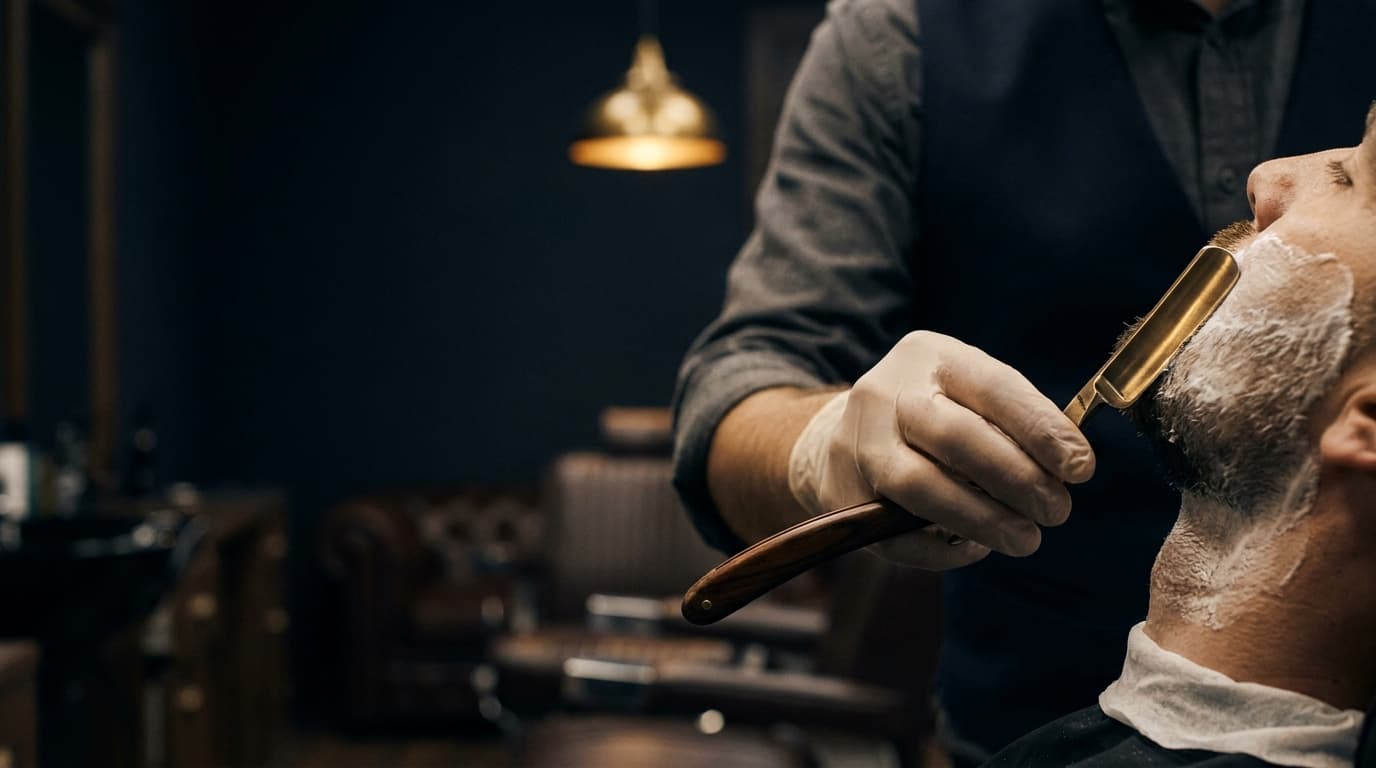 Barbier bei der Rasur mit dem Messer im dunklen Salon