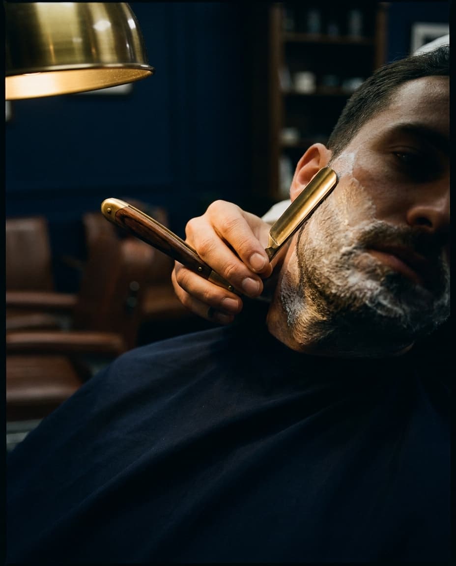 Barbier bei der Rasur mit dem Messer im dunklen Salon