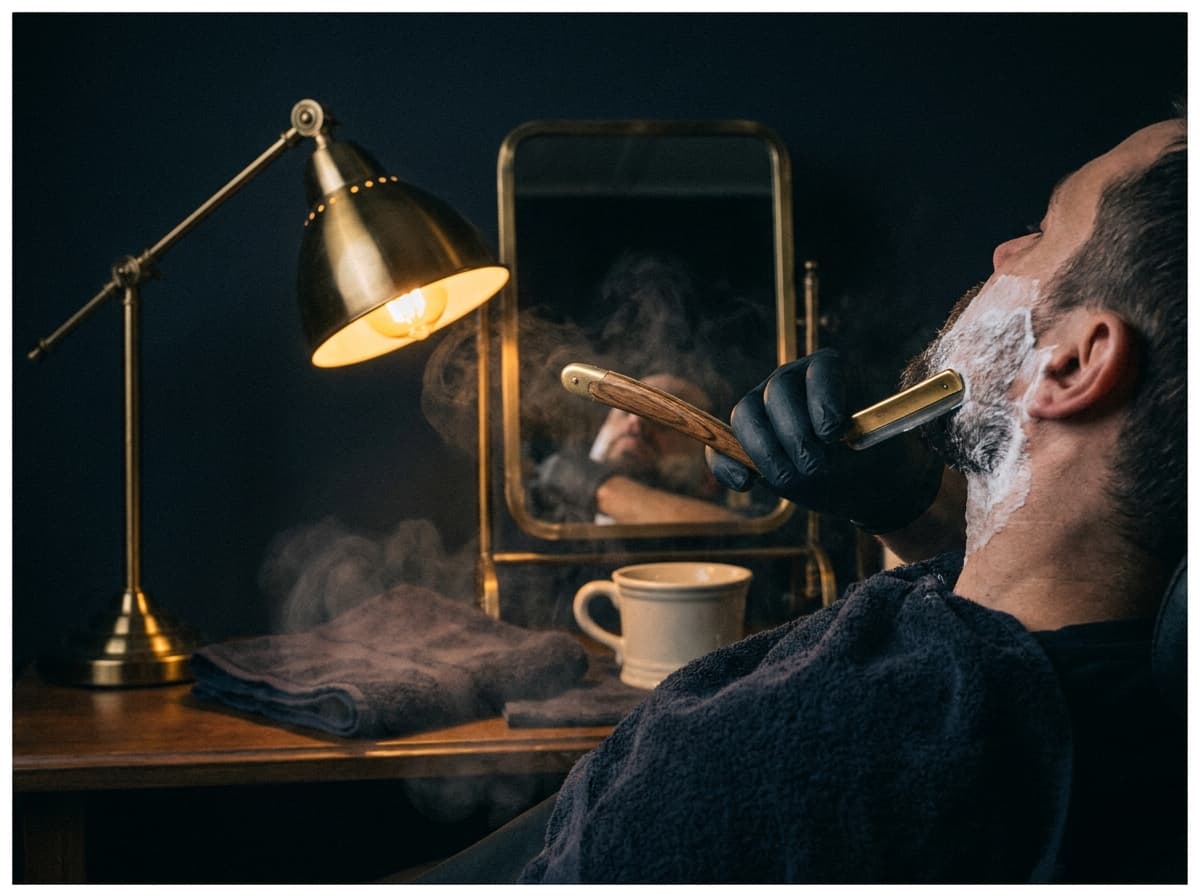 Klassische Nassrasur mit dem Rasiermesser und heissem Tuch beim Gentlemen Barbier