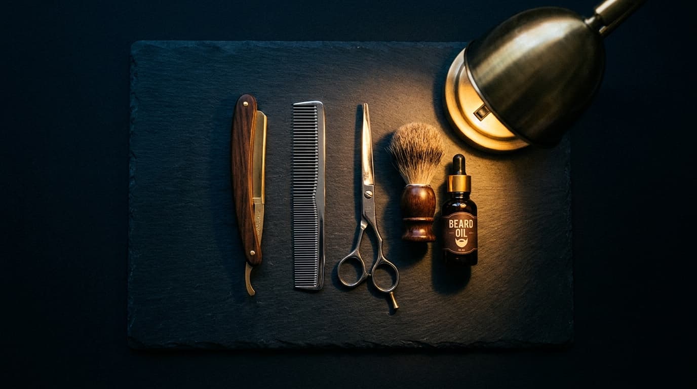 Barbier-Werkzeuge: Rasiermesser, Kamm, Schere, Rasierpinsel
