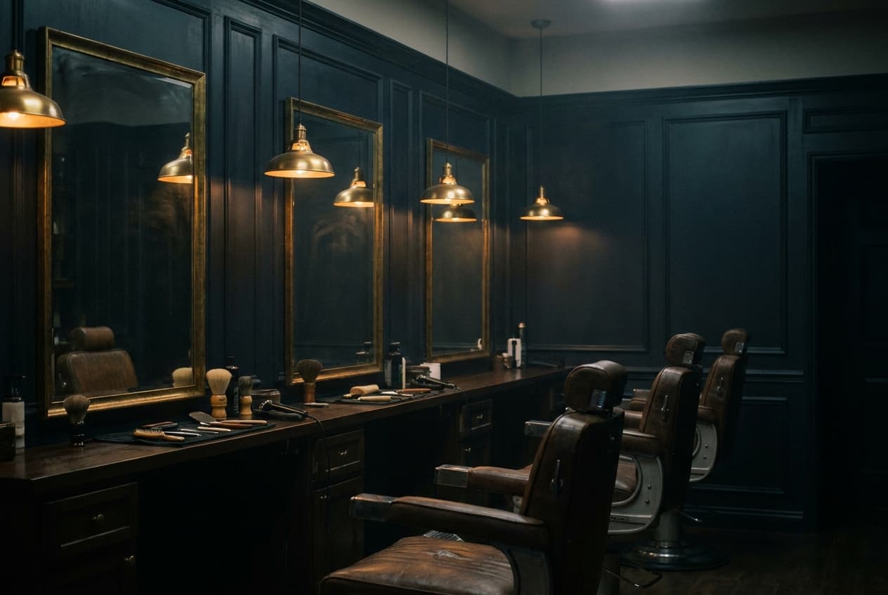 Innenraum des Gentlemen Barbier — dunkles Interieur mit Messinglampen